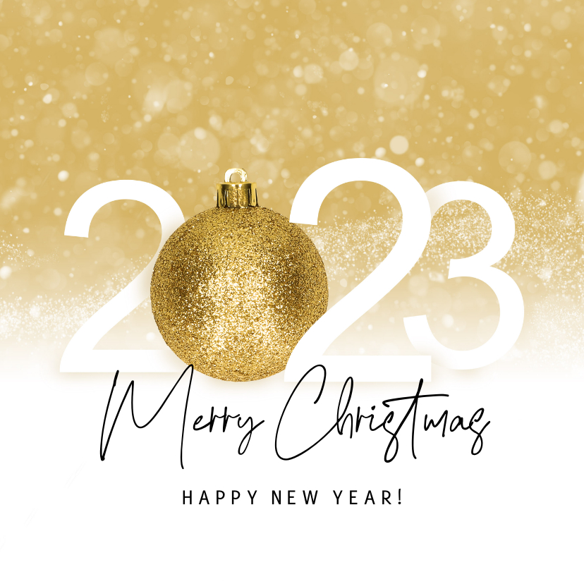 Kerstkaart 2023 gouden kerstbal en sneeuw - Kerstkaarten Kerstkaarten - Kerstkaart 2023 gouden kerstbal en sneeuw