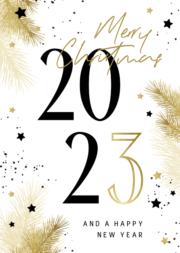 Kerstkaart 2023 zwart-wit met takjes en sterren - Kerstkaarten Kerstkaarten - Kerstkaart 2023 zwart-wit met takjes en sterren