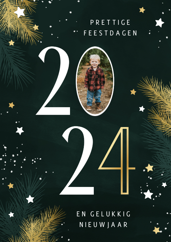 Kerstkaart 2024 met foto kersttakjes en gouden | Kaartje2go