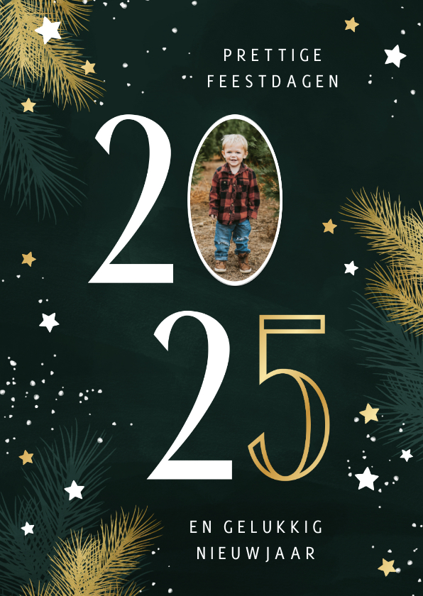 Kerstkaart 2025 met foto kersttakjes en gouden Kaartje2go