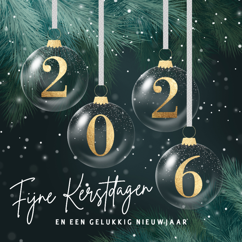 Kerstkaarten - Kerstkaart 2026 gouden kerstballen groene takken