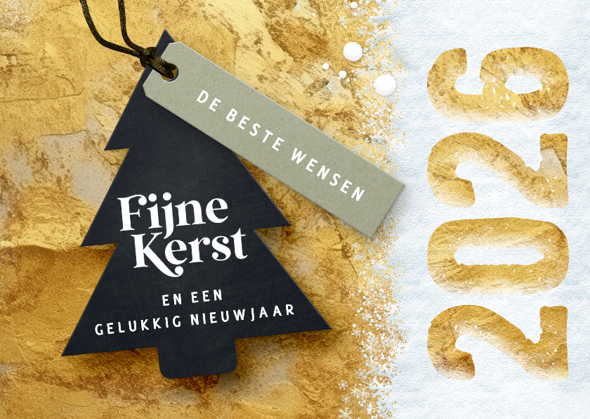 Kerstkaarten - Kerstkaart 2026 in goud met kerstboom label