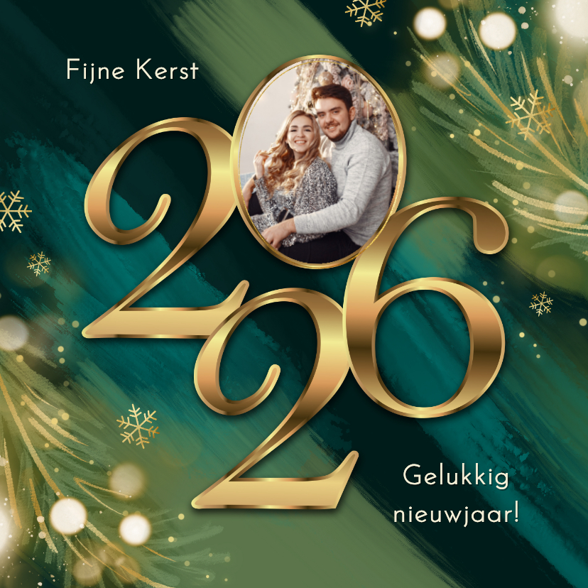 Kerstkaarten - Kerstkaart 2026 jaartal goud verf rood blauw lichtjes foto