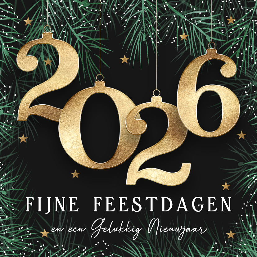 Kerstkaart 2026 kerstballen in goud - Kerstkaarten Kerstkaarten - Kerstkaart 2026 kerstballen in goud
