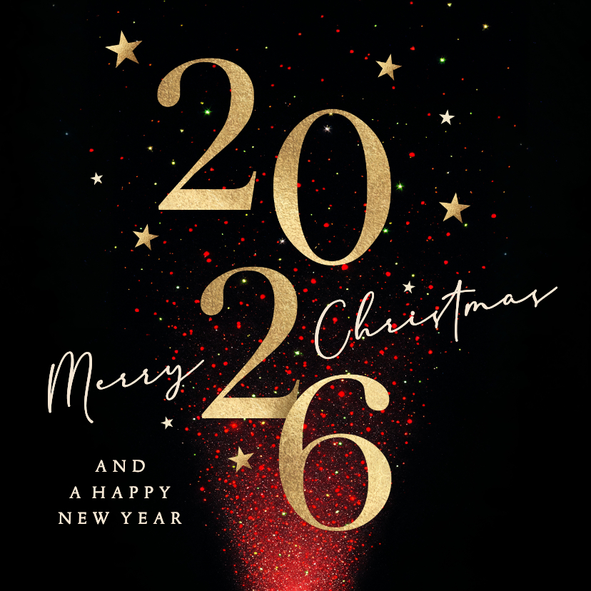 Kerstkaart 2026 rood sprankelende sterren - Kerstkaarten Kerstkaarten - Kerstkaart 2026 rood sprankelende sterren