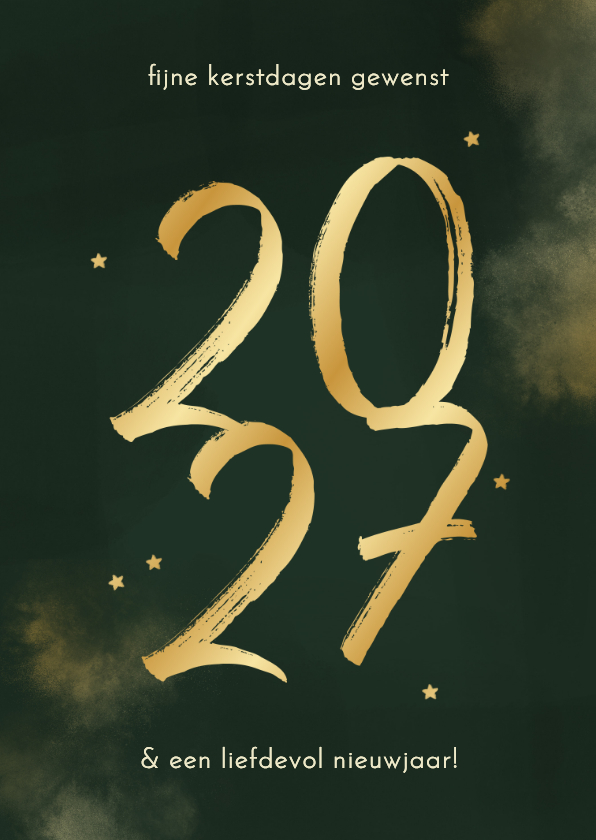Kerstkaarten - Kerstkaart 2027 donkergroen goud waterverf sterretjes