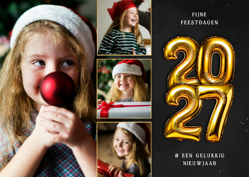 Kerstkaarten - Kerstkaart 2027 folieballon fotocollage goud