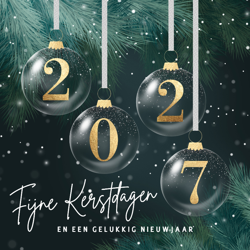 Kerstkaart 2027 gouden kerstballen groene takken - Kerstkaarten Kerstkaarten - Kerstkaart 2027 gouden kerstballen groene takken