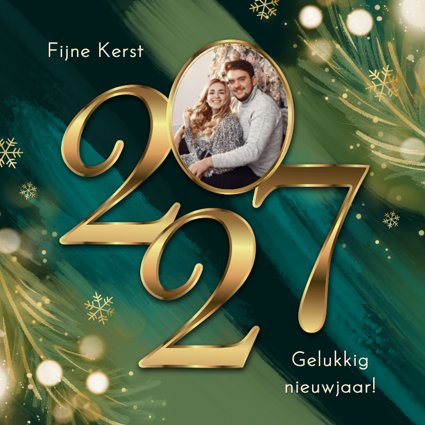 Kerstkaart 2027 jaartal goud verf rood blauw lichtjes foto - Kerstkaarten Kerstkaarten - Kerstkaart 2027 jaartal goud verf rood blauw lichtjes foto