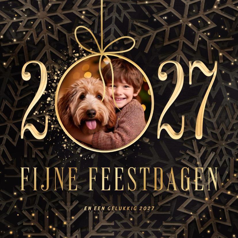 Kerstkaarten - Kerstkaart 2027 met foto kerstbal en sneeuwvlokken