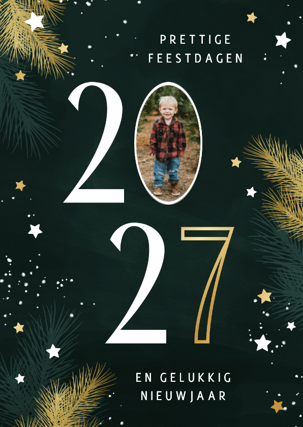 Kerstkaart 2027 met foto kersttakjes en gouden sterren - Kerstkaarten Kerstkaarten - Kerstkaart 2027 met foto kersttakjes en gouden sterren