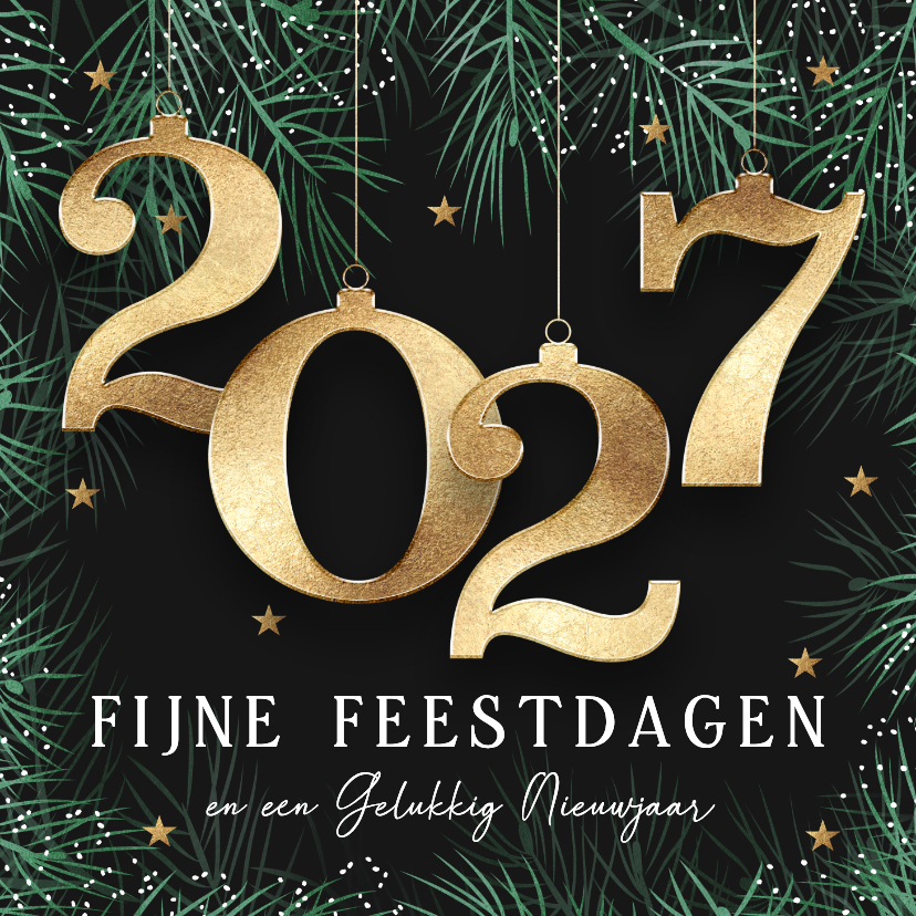 Kerstkaart 2027 met kerstballen in goud - Kerstkaarten Kerstkaarten - Kerstkaart 2027 met kerstballen in goud