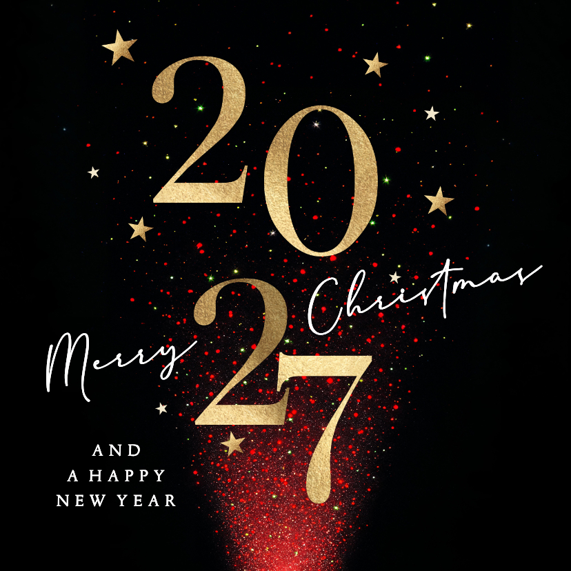 Kerstkaarten - Kerstkaart 2027 rood sprankelende sterren