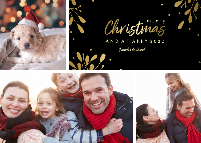 Kerstkaart 3 foto's met tekstvak gouden accenten - Kerstkaarten Kerstkaarten - Kerstkaart 3 foto's met tekstvak gouden accenten