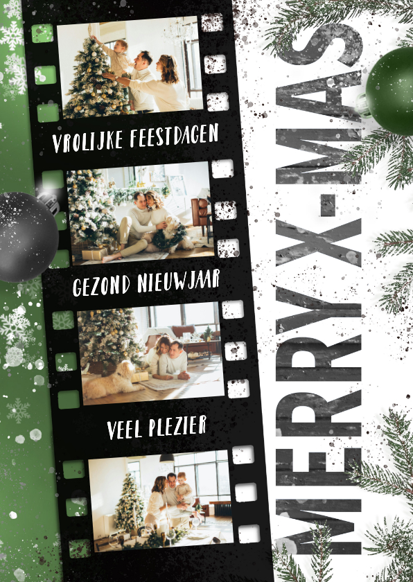 Kerstkaart 35mm fotorol op sneeuw en hout groen - Kerstkaarten Kerstkaarten - Kerstkaart 35mm fotorol op sneeuw en hout groen