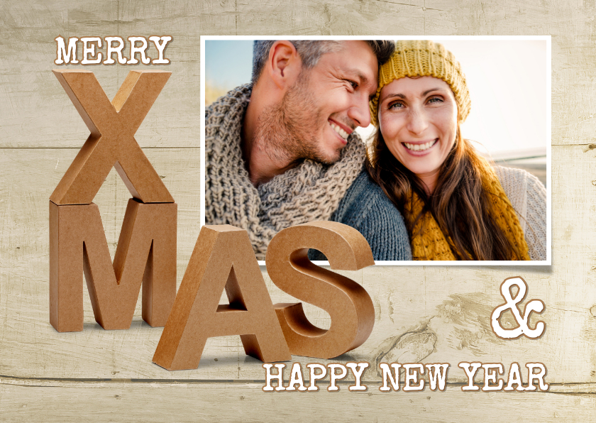 Kerstkaart 3D letters XMAS hout eigen foto - Kerstkaarten Kerstkaarten - Kerstkaart 3D letters XMAS hout eigen foto