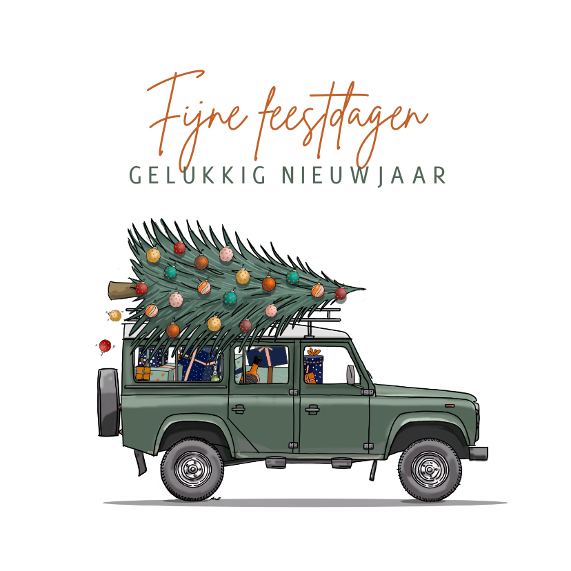 Kerstkaarten - Kerstkaart 4x4 terreinwagen met kerstboom