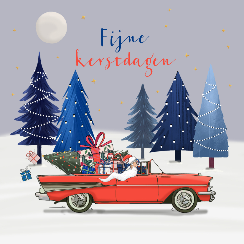Kerstkaart amerikaanse auto rood met kerstman - Kerstkaarten Kerstkaarten - Kerstkaart amerikaanse auto rood met kerstman