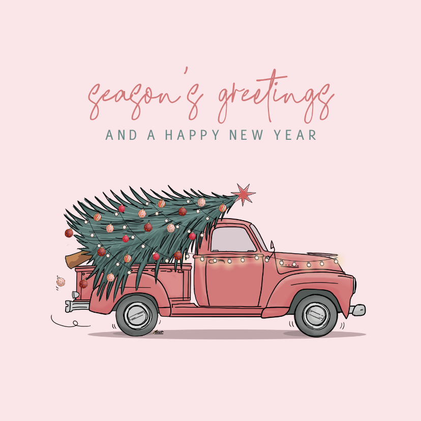 Kerstkaarten - Kerstkaart Amerikaanse Pickup met kerstboom