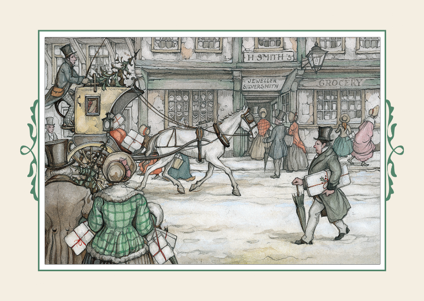 Kerstkaart - Anton Pieck illlustratie postkoets in straat - Kerstkaarten Kerstkaarten - Kerstkaart - Anton Pieck illlustratie postkoets in straat