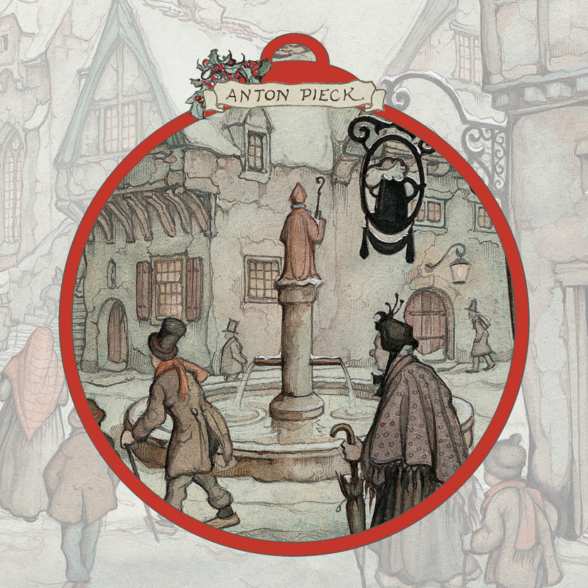 Kerstkaart - Anton Pieck illustratie avond op winters plein - Kerstkaarten Kerstkaarten - Kerstkaart - Anton Pieck illustratie avond op winters plein