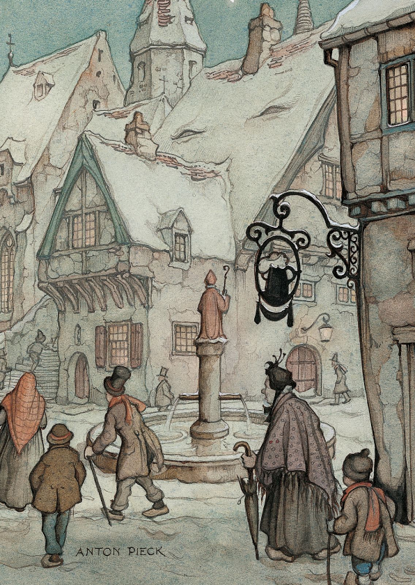 Kerstkaart Anton Pieck winter plein met Kaartje2go