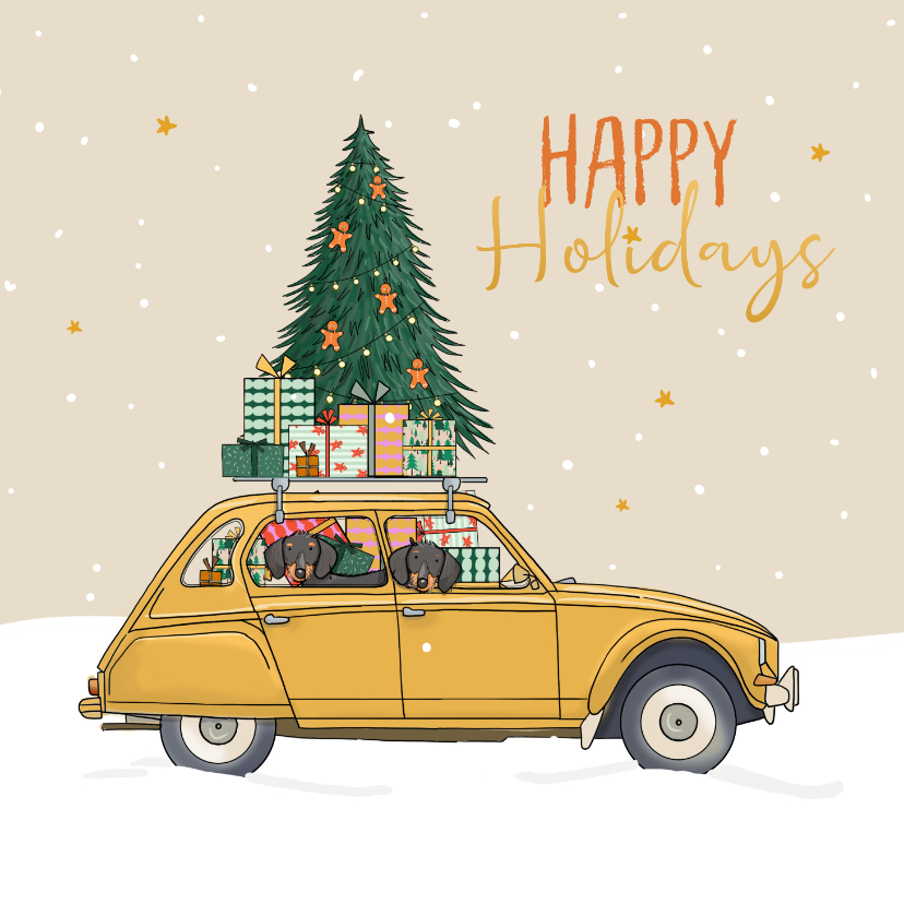 Kerstkaart auto Citroën eend met teckels - Kerstkaarten Kerstkaarten - Kerstkaart auto Citroën eend met teckels
