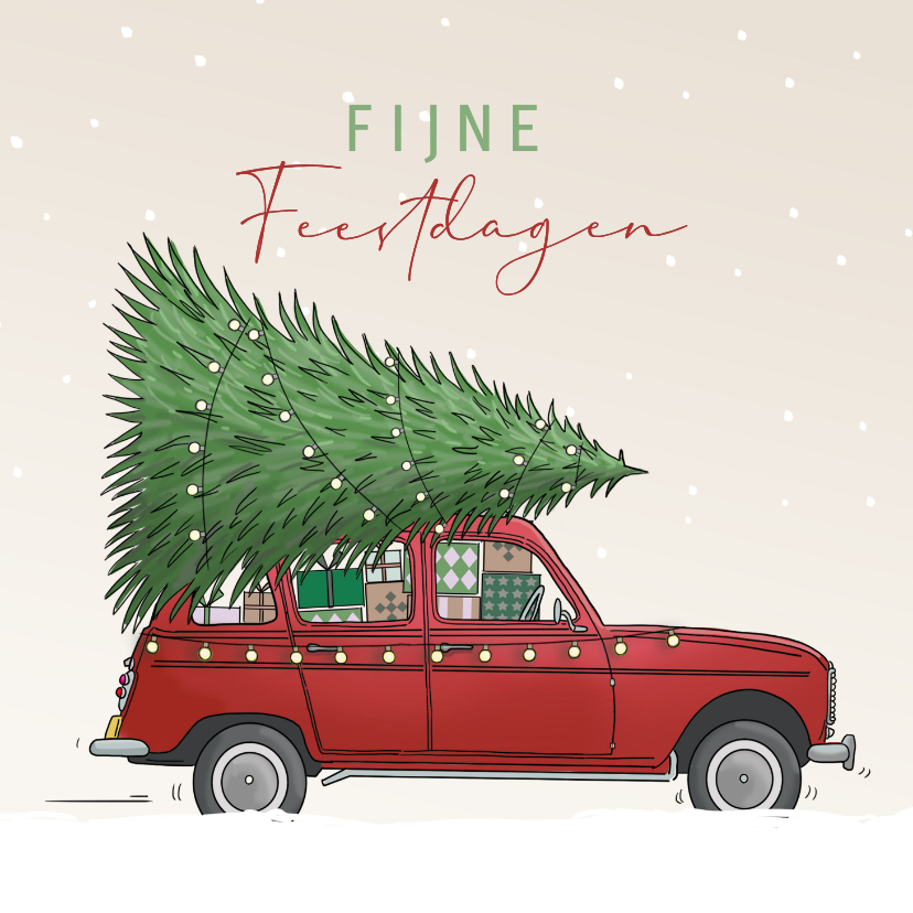 Kerstkaarten - Kerstkaart auto rood met kerstboom