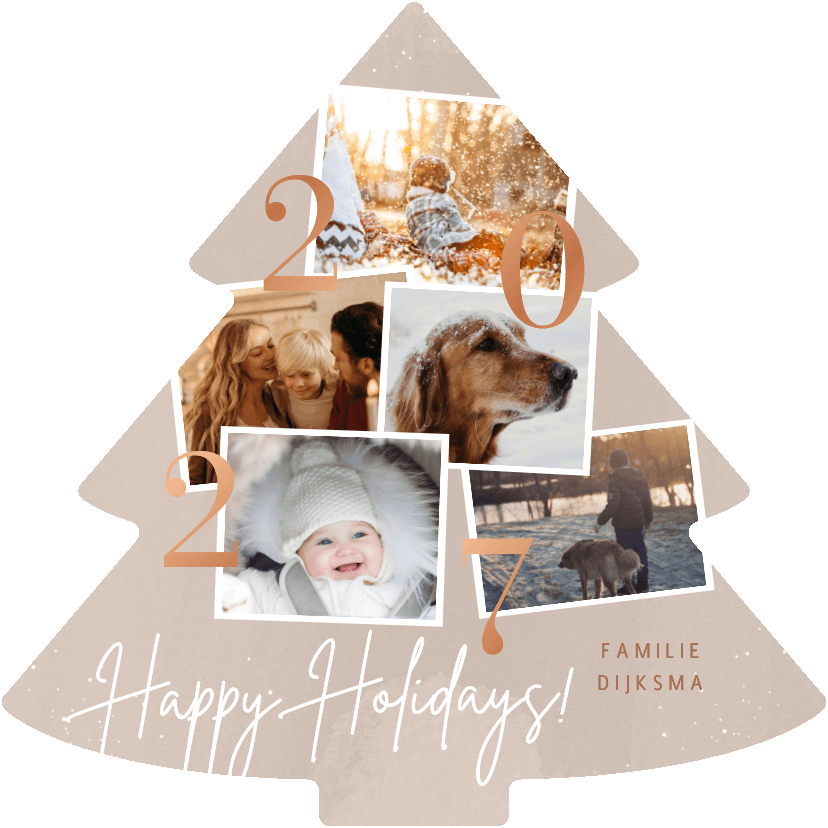 Kerstkaart beige fotocollage met jaartal 2027 happy holidays - Kerstkaarten Kerstkaarten - Kerstkaart beige fotocollage met jaartal 2027 happy holidays