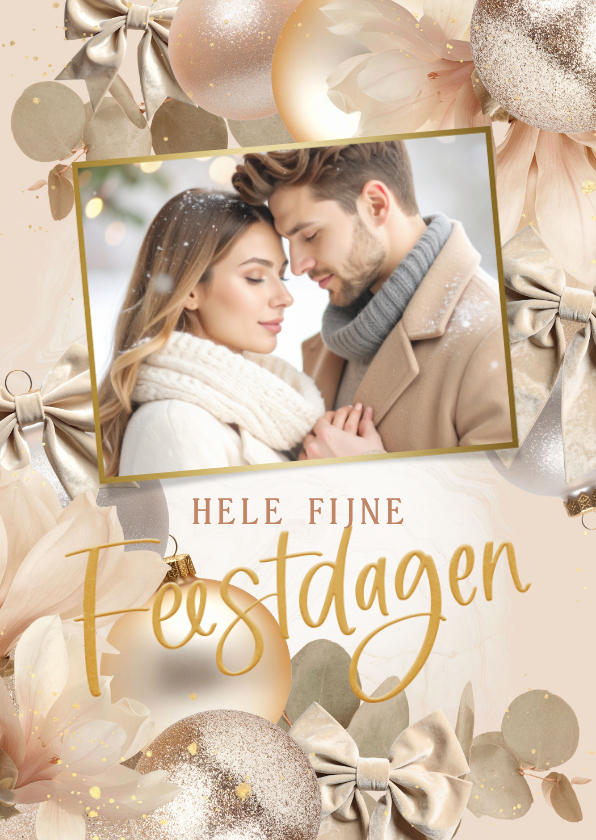 Kerstkaarten - Kerstkaart beige kerstballen strikken bloemen & eucalyptus