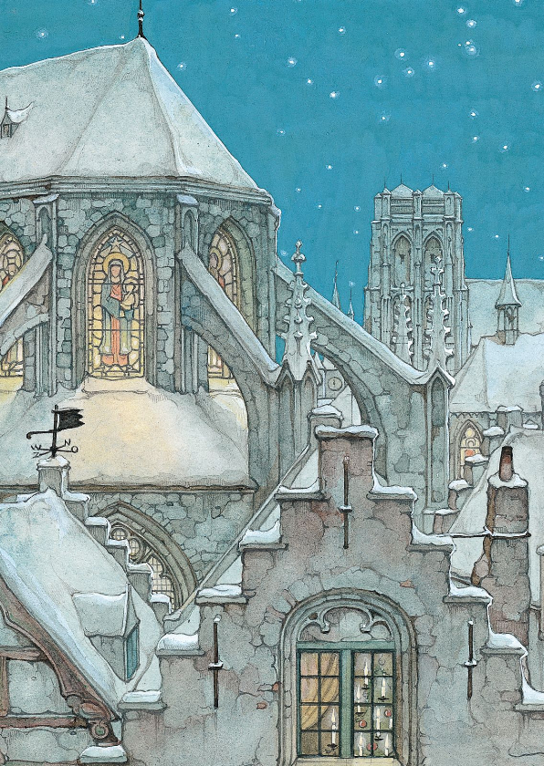 Kerstkaart besneeuwde kerk bij nacht - Kerstkaarten Kerstkaarten - Kerstkaart besneeuwde kerk bij nacht