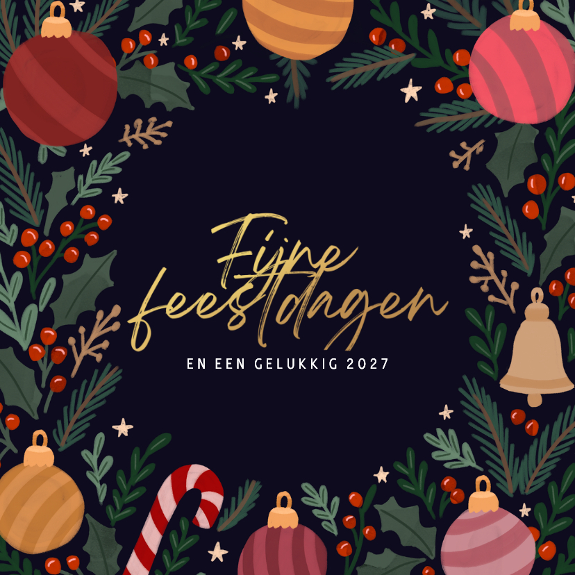 Kerstkaarten - Kerstkaart binnenkant kerstkrans met ornamenten