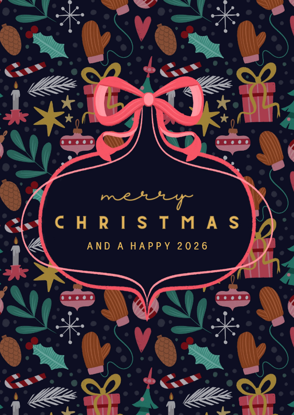 Kerstkaarten - Kerstkaart blauw met patroon en strik rechthoek