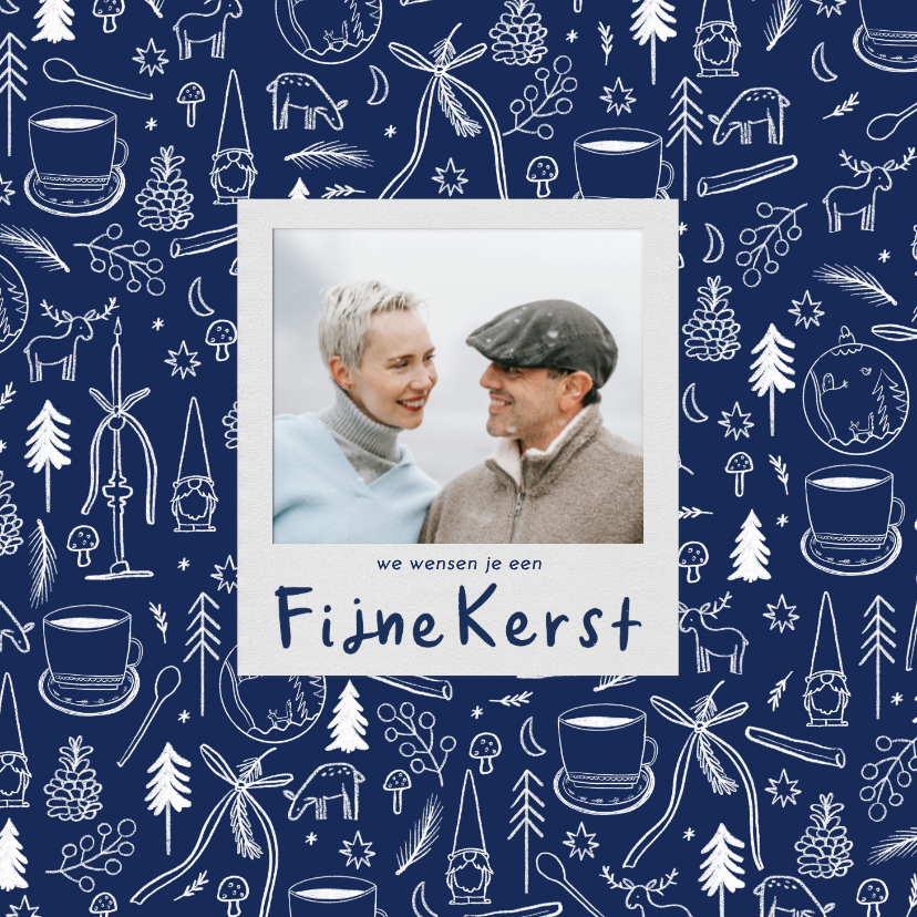 Kerstkaart blauw wit lijntekeningen eigen foto fijne kerst - Kerstkaarten Kerstkaarten - Kerstkaart blauw wit lijntekeningen eigen foto fijne kerst