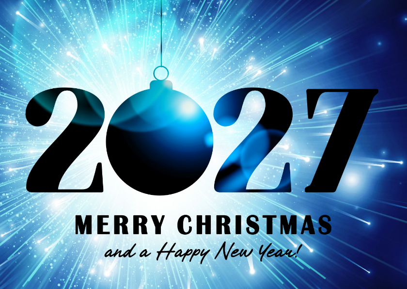 Kerstkaarten - Kerstkaart blauwe kerstbal in licht 2027
