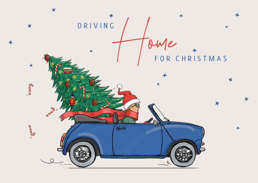 Kerstkaarten - Kerstkaart blauwe mini cabrio met kerstboom