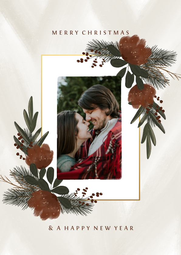 Kerstkaart bloemen kader goudlook - Kerstkaarten Kerstkaarten - Kerstkaart bloemen kader goudlook