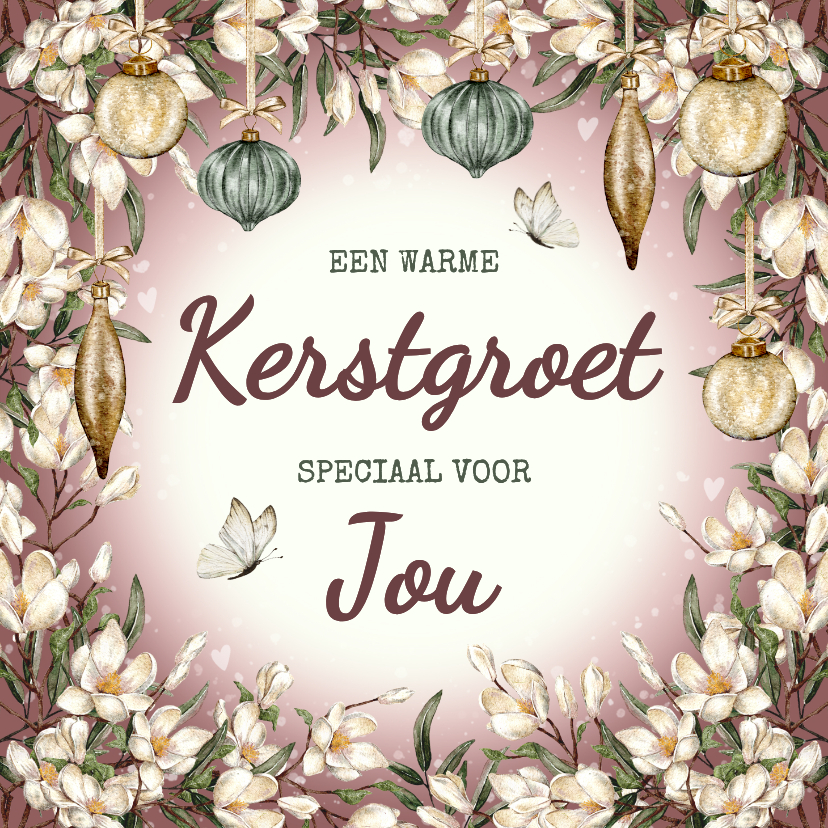 Kerstkaarten - Kerstkaart bloemenkrans met vlinders en hartjes