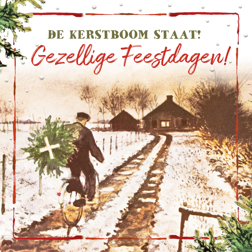 Kerstkaarten - Kerstkaart boer op fiets brengt kerstboom thuis