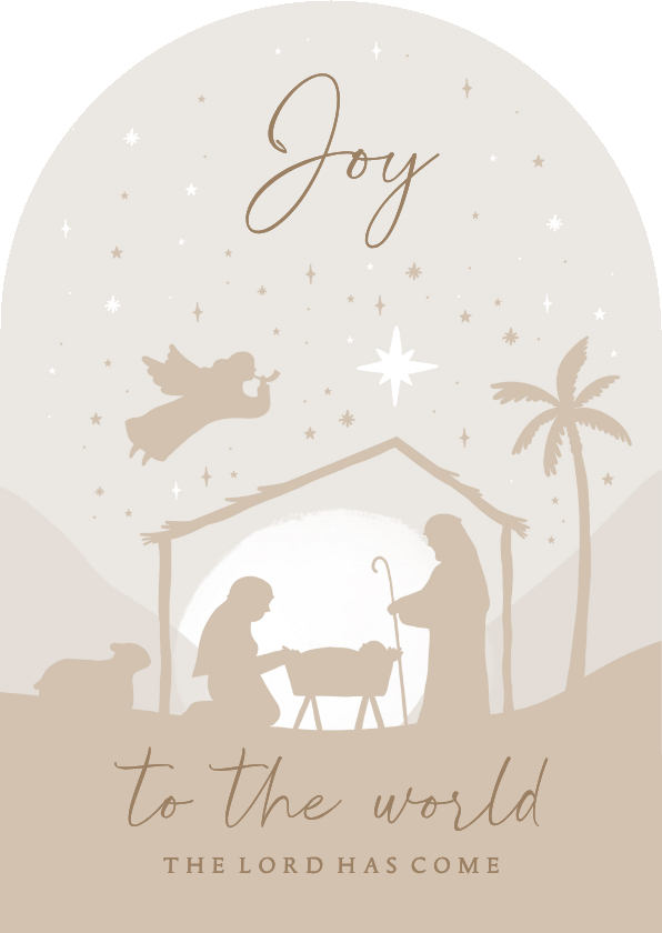 Kerstkaarten - Kerstkaart boogvorm beige kerststal engel sterren