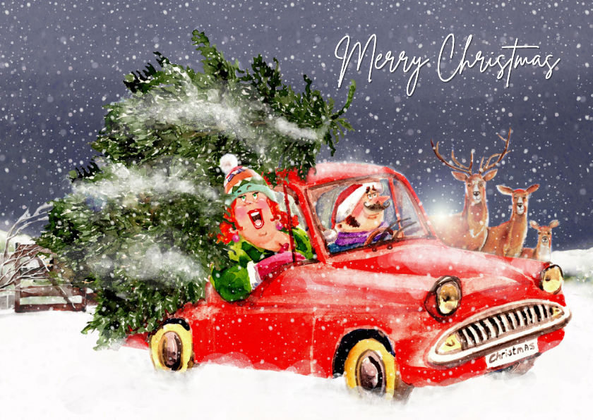 Kerstkaart boom op het dak van de auto - Kerstkaarten Kerstkaarten - Kerstkaart boom op het dak van de auto