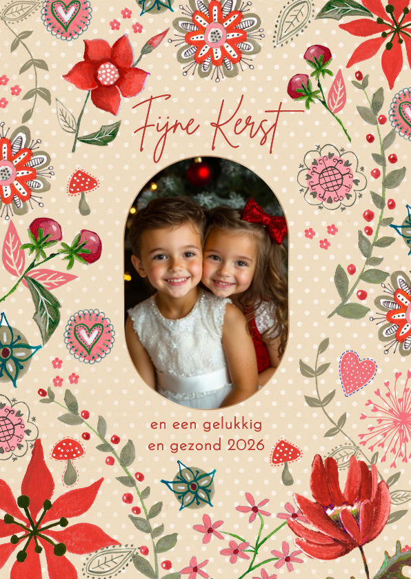 Kerstkaarten - Kerstkaart botanisch beige stippen met bloemen