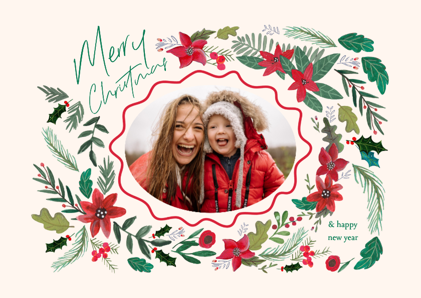 Kerstkaart Botanisch bloemen en schulp rand ovaal - Kerstkaarten Kerstkaarten - Kerstkaart Botanisch bloemen en schulp rand ovaal