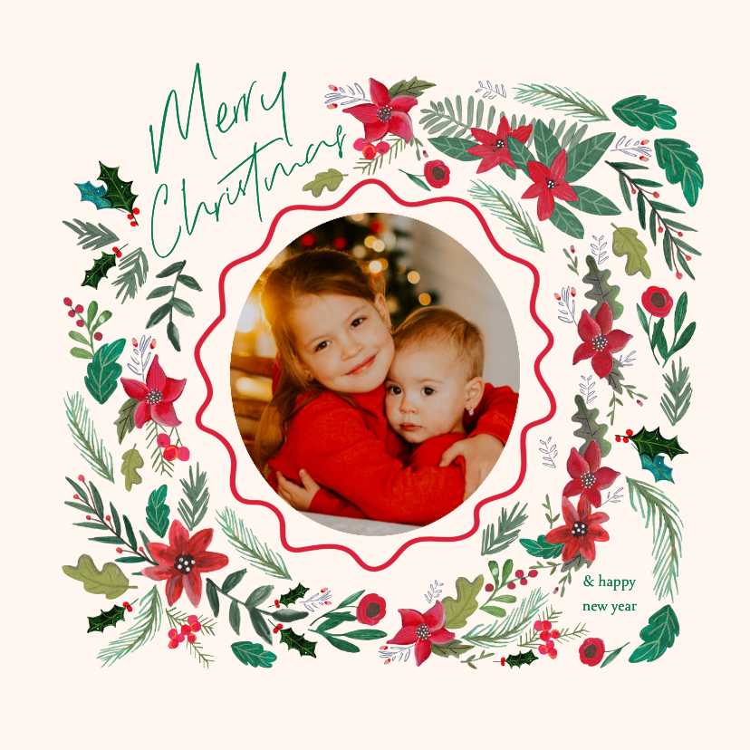 Kerstkaart Botanisch bloemen en schulp rand vierkant - Kerstkaarten Kerstkaarten - Kerstkaart Botanisch bloemen en schulp rand vierkant