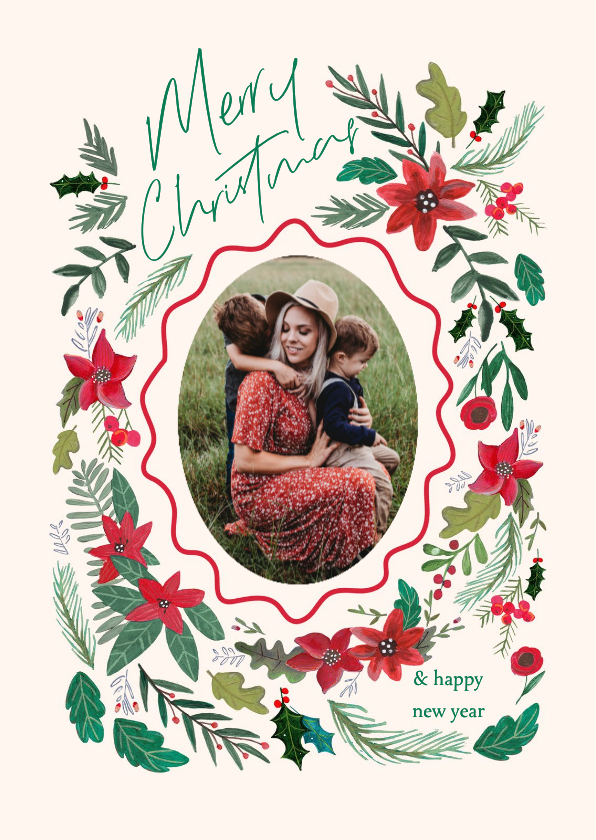 Kerstkaart botanisch bloemen en schulp rand - Kerstkaarten Kerstkaarten - Kerstkaart botanisch bloemen en schulp rand