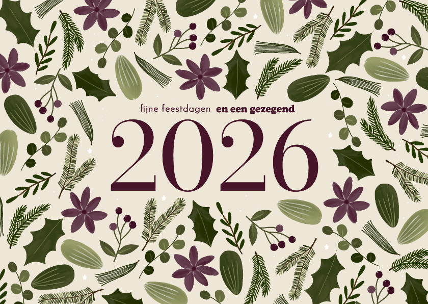 Kerstkaart botanisch bloemen groot jaartal beige - Kerstkaarten Kerstkaarten - Kerstkaart botanisch bloemen groot jaartal beige