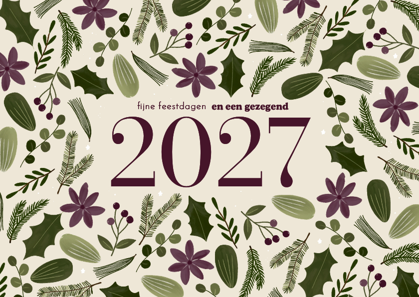 Kerstkaart botanisch bloemen groot jaartal beige - Kerstkaarten Kerstkaarten - Kerstkaart botanisch bloemen groot jaartal beige