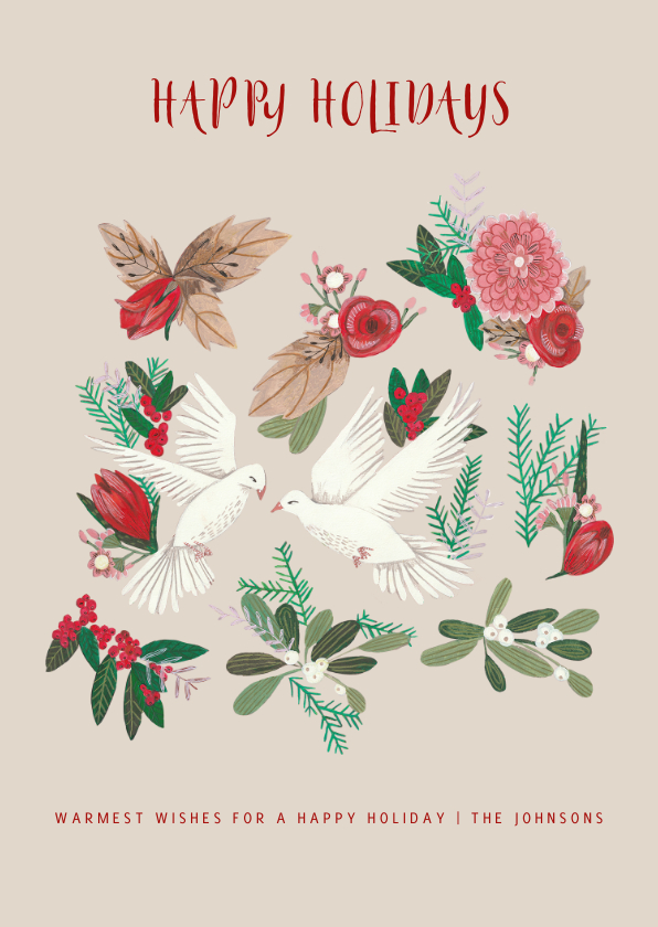 Kerstkaart botanisch met duiven - Kerstkaarten Kerstkaarten - Kerstkaart botanisch met duiven
