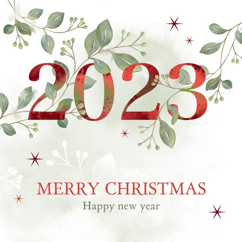 Kerstkaart botanisch met rood jaartal 2023 - Kerstkaarten Kerstkaarten - Kerstkaart botanisch met rood jaartal 2023