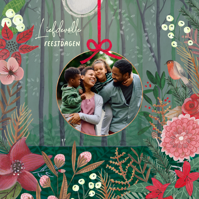 Kerstkaarten -  Kerstkaart botanische natuur met foto in kerstbal